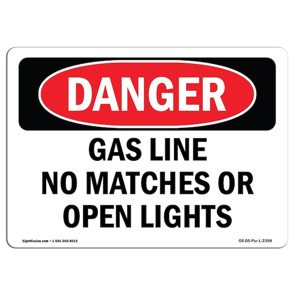 Safety Sign, OSHA Danger, 3.5" Height, Gas Line No Matches Or Open Lights, Landscape, 10PK
